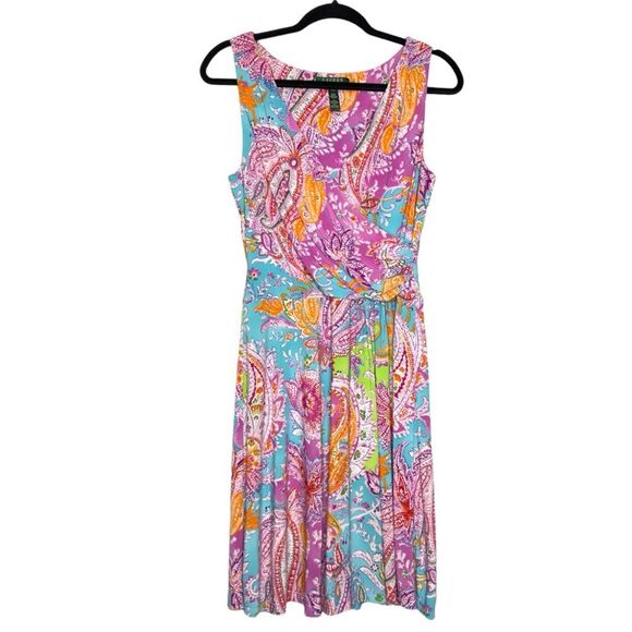 Lauren Ralph Lauren Multicolored Paisley Faux Wrap Sleeveless Dress Petite Small - Picture 1 of 7